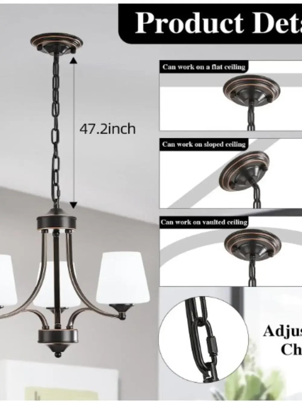 3 Light Farmhouse Chandelier with Milk White Frosted Glass Shades Black